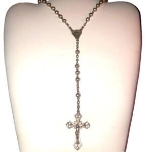 Antique 800 Silver Catholic Rosary Crucifix Virgin Mary 18” Chain w 4.8” Drop